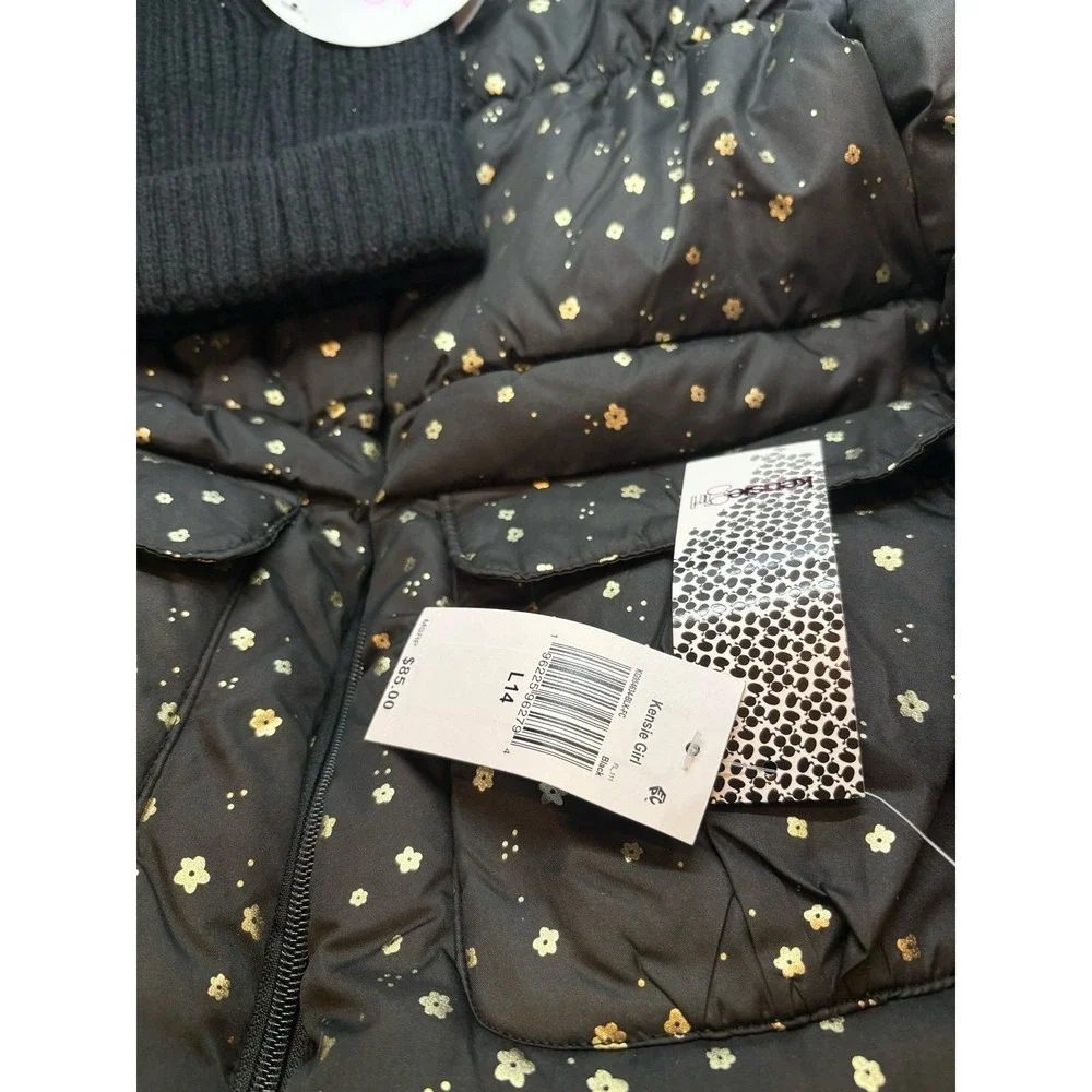 NEW girls size 14 Kensie Girl black puffer hooded jacket with a black beanie hat